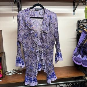 Avenue Purple Paisley Ruffle Shirt, vintage early 00s, size 30/32